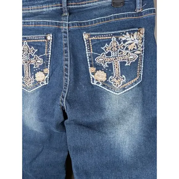 New Harper & Ivy Y2K Juniors 1 Rhinestone Pocket Dark Blue Flare Denim Size 13 - Picture 6 of 12